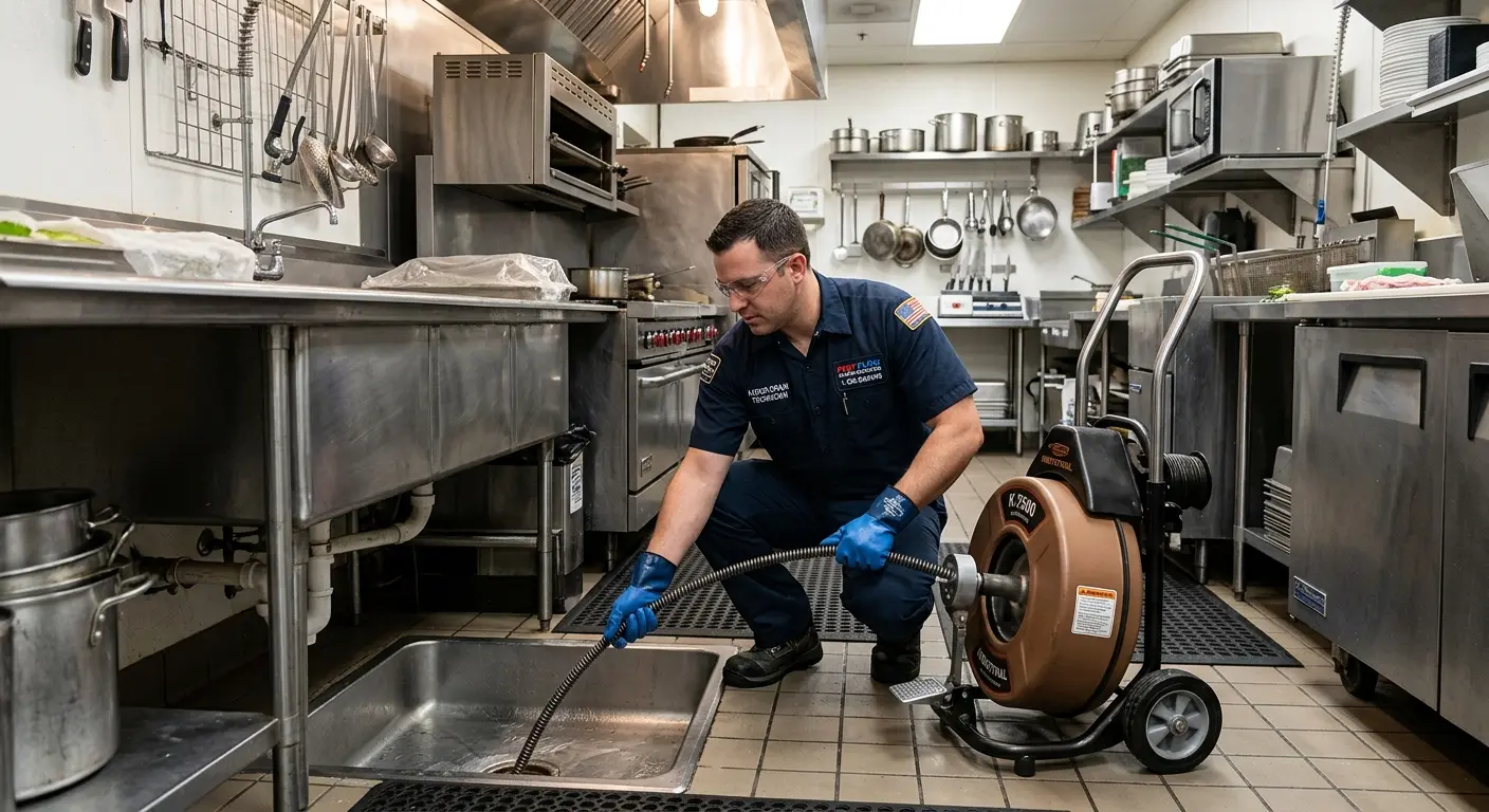 Commercial drain cleaning service in a restaurant kitchen in Chenango