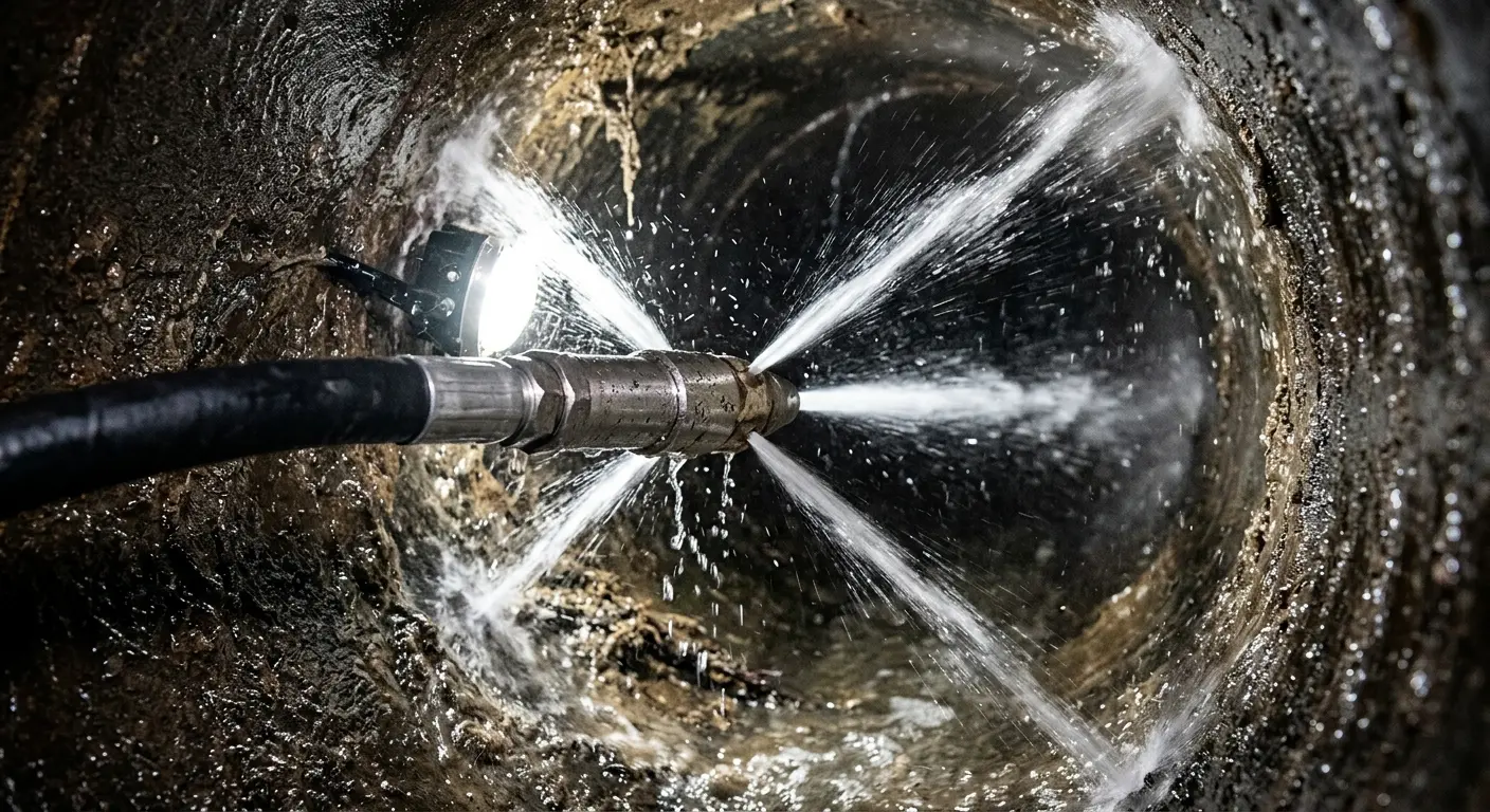 High-pressure hydro jetting nozzle cleaning sewer pipe for Trenchless Sewer Repair in Chenango
