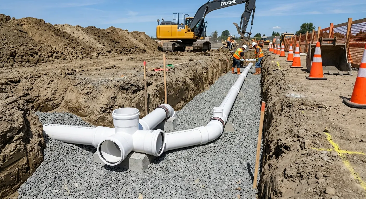 New PVC sewer pipe installation in open trench for Commercial Drain Cleaning in Chenango