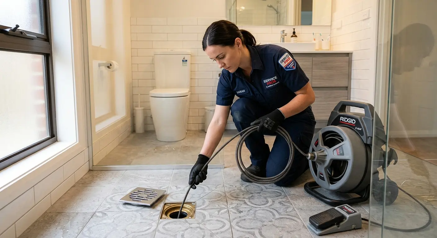 Technician clearing a bathroom floor drain for Clogged Drain Repair in Chenango